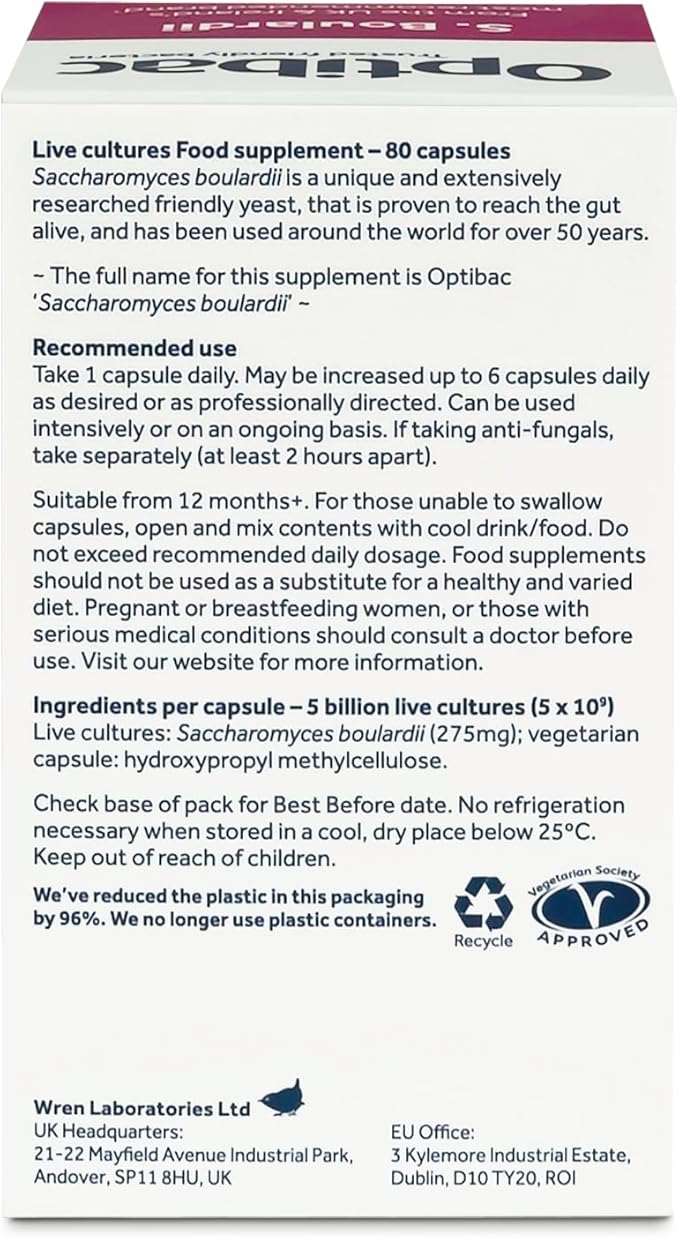 Optibac Saccharomyces Boulardii 80 Capsules | 5 Billion Live Cultures per Serving | Probiotic Yeast Supplement with S. Boulardii | Vegan Gluten Free &amp Shelf Stable | For Gut Flora &amp Digestive