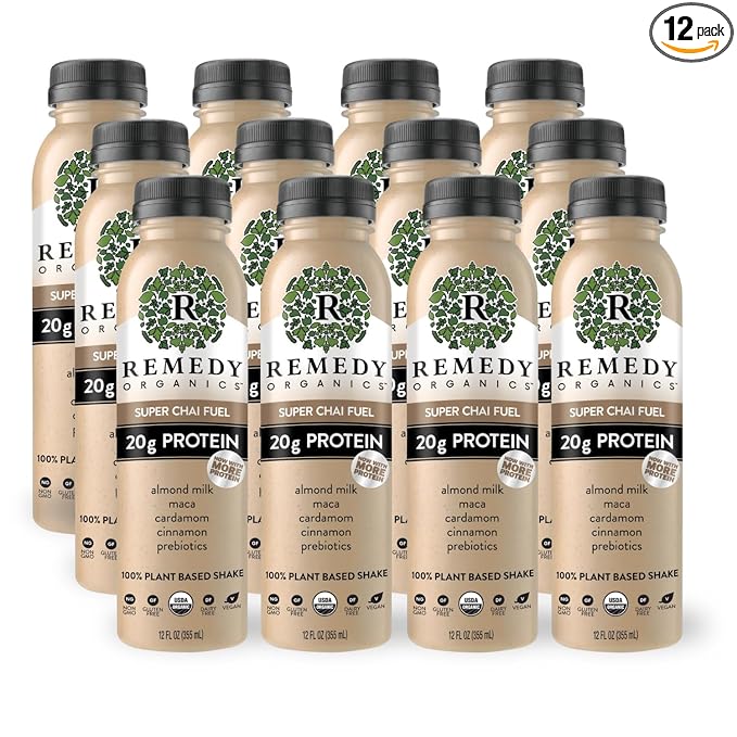 Remedy Organics Super Chai Fuel 12-Pack | Plant Based 20g Protein Shakes Ready to Drink | USDA Organic Gluten Free Dairy Free Soy Free