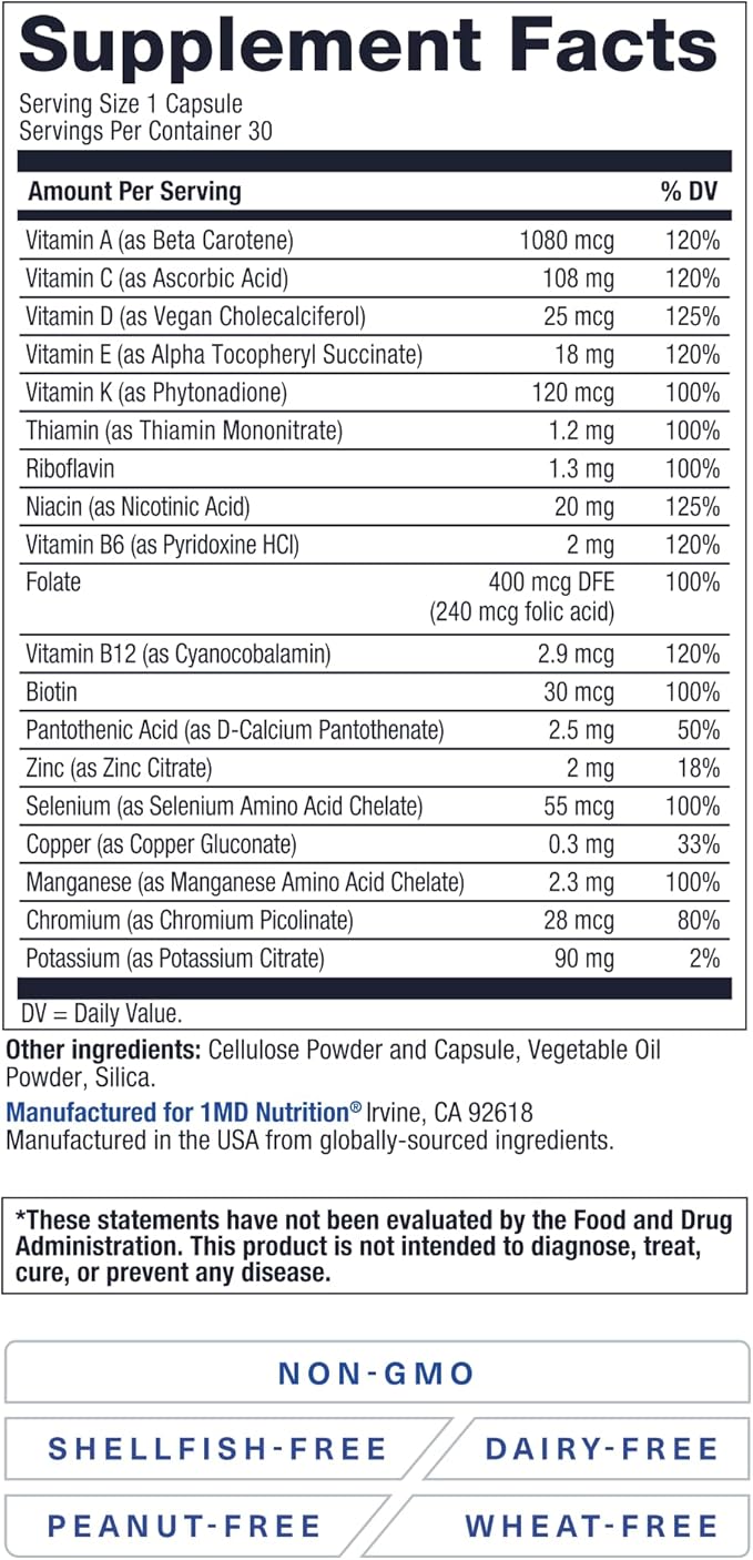 1MD Nutrition MultiVitMD Daily Multivitamin – 19 Essential Vitamins &amp Minerals for Adults Over 55 | Supports Healthy Aging Heart Brain Bone &amp Immune Health | Designed for Absorption | 30 C