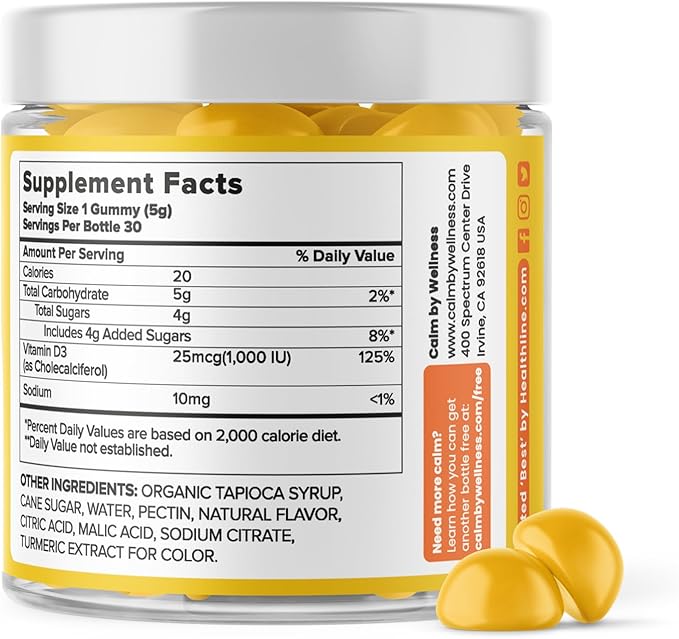 Calm by Wellness Vitamin D Gummies for Adults Vitamin D3 Gummy Vitamins for Bone and Immune System Support Lemon Flavor 30 Count
