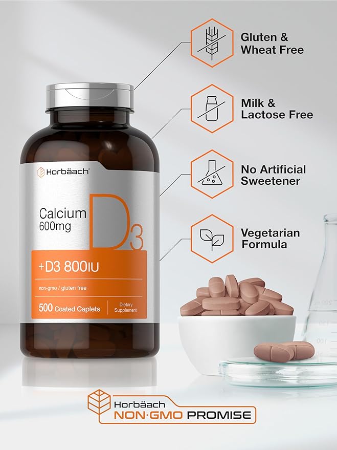 Horbaach Calcium 600 mg with Vitamin D3 | 500 Coated Caplets | for Women and Men | Non-GMO &amp Gluten Free Supplement
