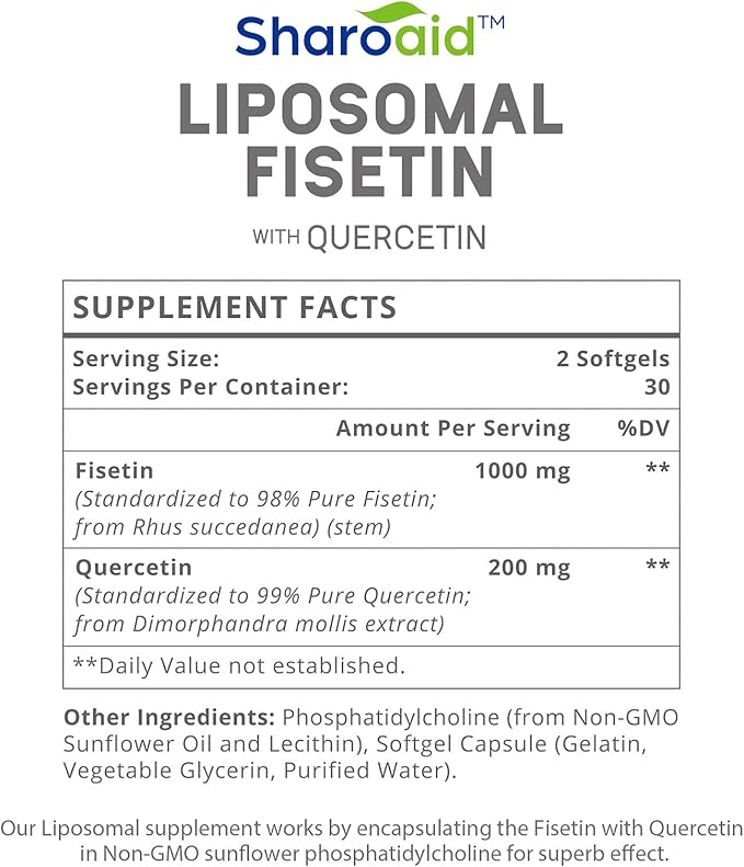 Liposomal Fisetin with Quercetin Supplements 1200 mg per ServingHigh Absorption Polyphenols Antioxidants for WomenMenNon-GMOGluten-Free1 Bottle-60 Softgels