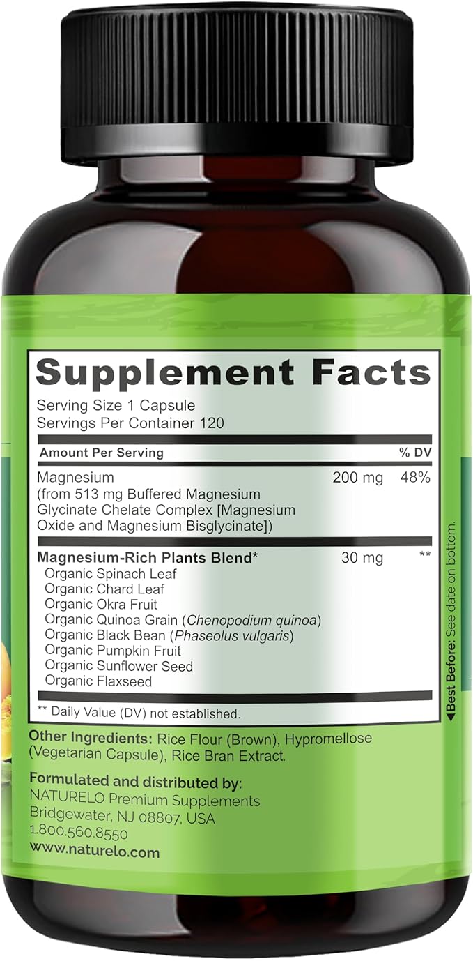 NATURELO Magnesium Glycinate Chelate Complex - 200 mg Magnesium with Organic Vegetables to Support Sleep Calm Muscle Cramp &amp Stress Relief - Gluten Free Non GMO - 120 Capsules