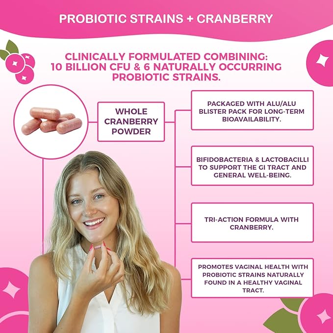 Nutricelebrity NutriFlora-Pro Probiotics for Women - Support Vaginal Urinary Health (UTI) Digestive System Period Pain Yeast and BV Relief Cranberry Pills 10 Billion CFU 6 Strains (60 Caps)