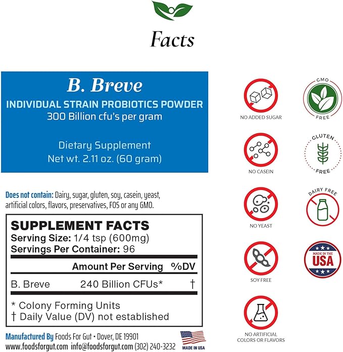 Foods For Gut Bifidobacterium Breve Probiotic Powder 300 Billion cfu's | Made in USA | No Additives | Digestive &amp Immune Support | High Potency | B. Breve | 60 Grams (2.11 Oz)