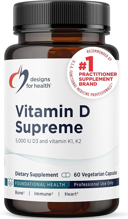 Designs for Health Vitamin D Supreme - Vitamin D 5000 IU with 2000mcg Vitamin K as MK4 for Bone Health Heart Health Mood &amp Immune Support - Vitamin D3 Enhanced with GG Supplement (60 Capsules)