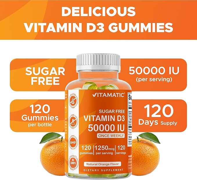 Vitamatic Sugar Free Vitamin D3 50000 IU Weekly Supplement - 120 Pectin Based Gummies - Vitamin D Capsules for Bones Teeth and Immune Support (50000 IU) - 2 Pack