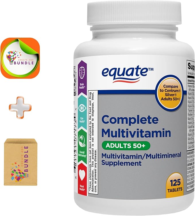 Equate Adult 50+ One Daily Complete Multivitamin/Multimineral Supplement 125 Tablets Comprehensive Multivitamin for Adults Over 50 + Createandbundle Sticker