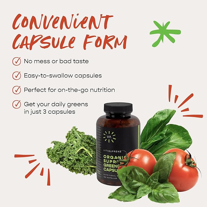 Organic Super Greens Superfood Capsule Nutritional Supplement for Gut Health Immune Support Digestion Energy and More (Non-GMO Keto Vegan) 180 Capsules 3 Pack