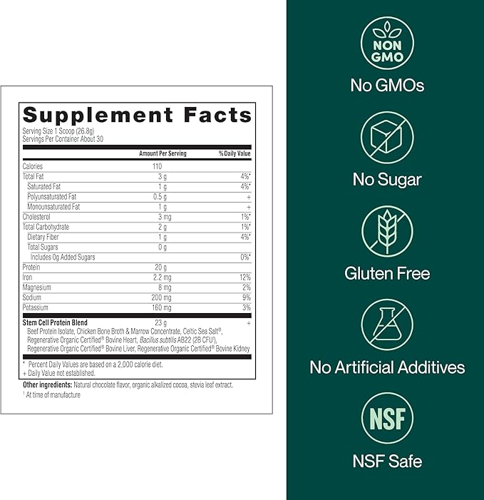 Stem Cell Protein Powder Chocolate – Bone Marrow &amp Bone Broth Protein Bacillus Subtilis AB-22 Natural Peptides – Cellular Recovery – 30 Servings
