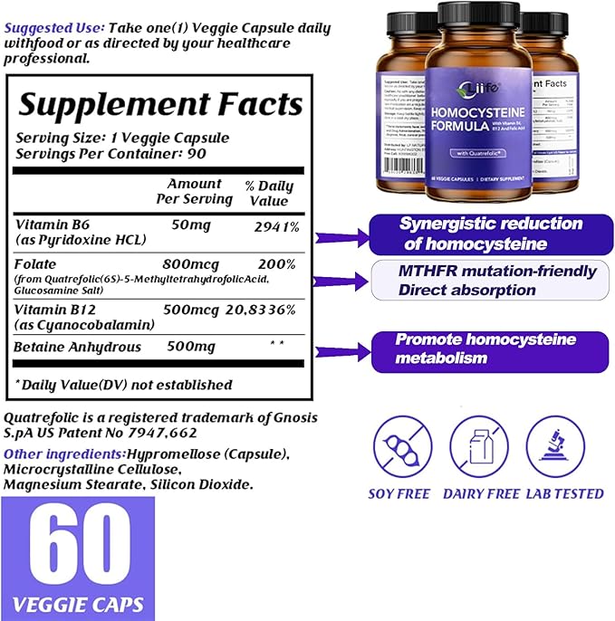 LIIFE Homocysteine Formula – Quatrefolic B6/B12/Betaine | 60 Veggie Caps Homocysteine Metabolism &amp Methylation Heart Health Support