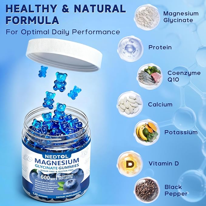 Magnesium Glycinate Gummies 600mg Sugar Free Magnesium Potassium Supplement for Adults with Magnesium L-Threonate Vitamin D B6and CoQ10 for Sleep Body Support and Relaxation120 Count