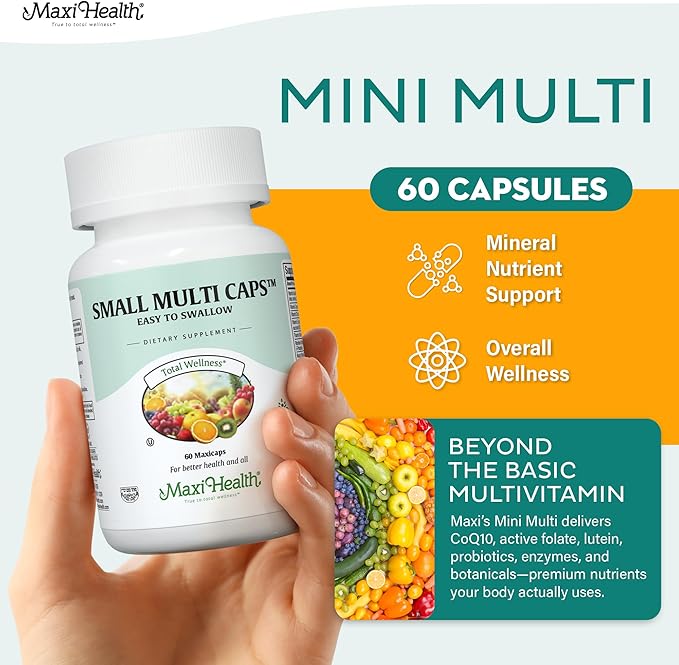 Maxi Health Multivitamin – Easy to Swallow Multi Vitamin Capsules with 30 Nutrients Iron &amp Probiotics – Kosher Daily Multivitamins Small Capsules for Wellness Support &amp Digestive Ease (60 Uni