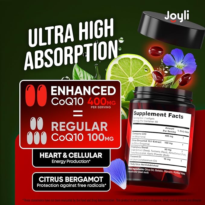 CoQ10 400mg Softgels - High Absorption Co Q10 400mg Softgels for Heart Health &amp Energy Production - Enhanced Co Q 10 Supplement with Antioxidants and Flaxseed Oil - CoQ10 400 mg per Serving