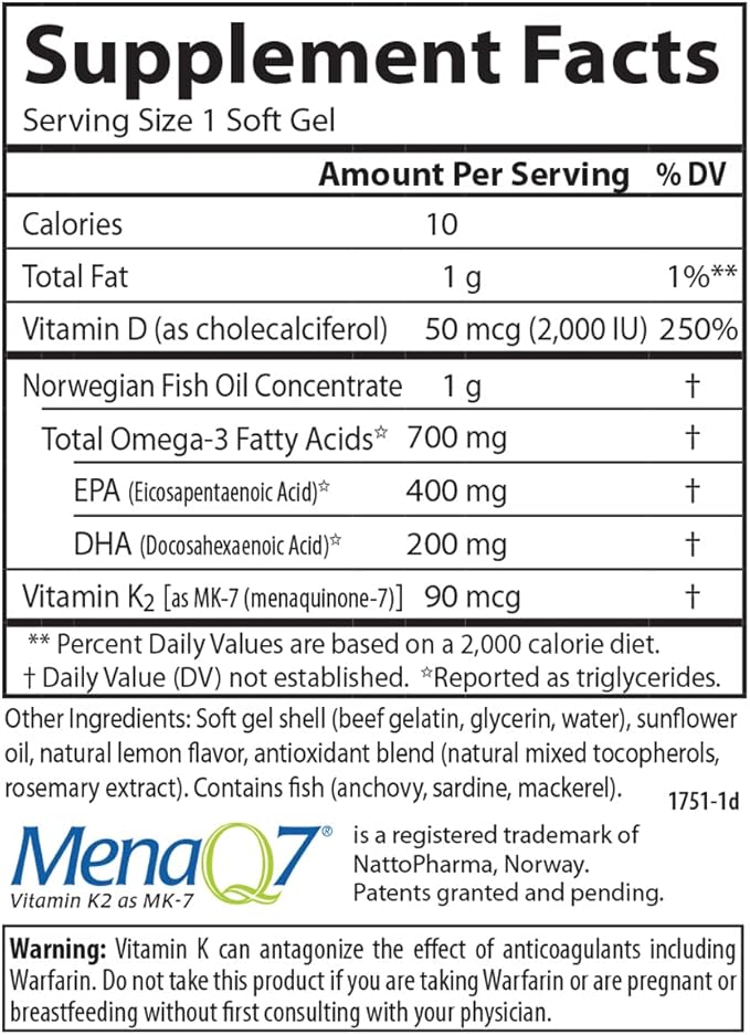 Carlson - Elite Omega-3 Plus D &amp K 700 mg Omega-3s + D3 &amp K2 Function Bone Health &amp Immune Support Lemon 60 Softgels