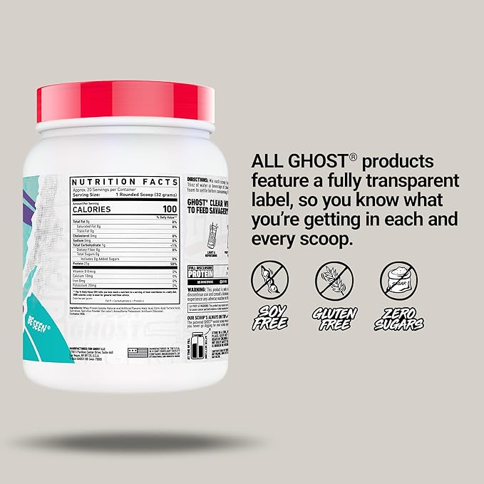 GHOST Clear Whey Isolate Protein Powder Blue Raspberry - 1.4 LB Tub 25G of Whey Protein - Post Workout Drink for Muscle Gain &amp Recovery – Sugar Free Soy Free &amp Zero Fat 20 Servings
