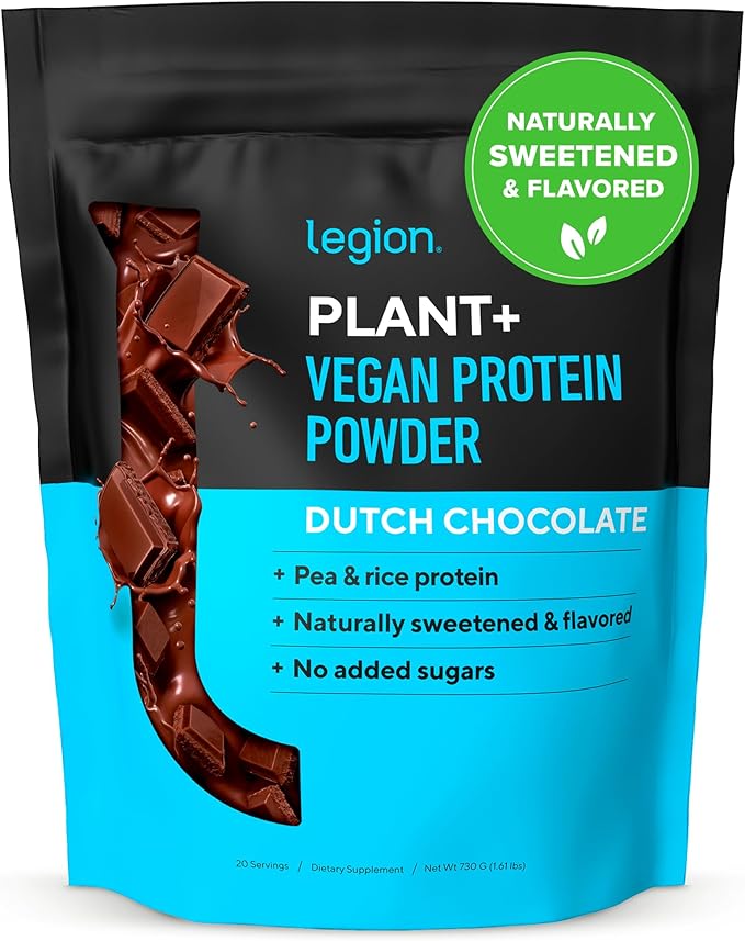 LEGION Plant+ Vegan Protein Powder Chocolate - Rice and Pea Plant Based Protein Blend. Gluten Free GMO Free Naturally Sweetened and Flavored 20 Servings (Chocolate)
