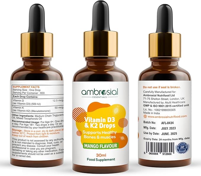 AMBROSIAL Vitamin D3 K2 Drops - for Adults and Kids (Pack of 1-30ml)