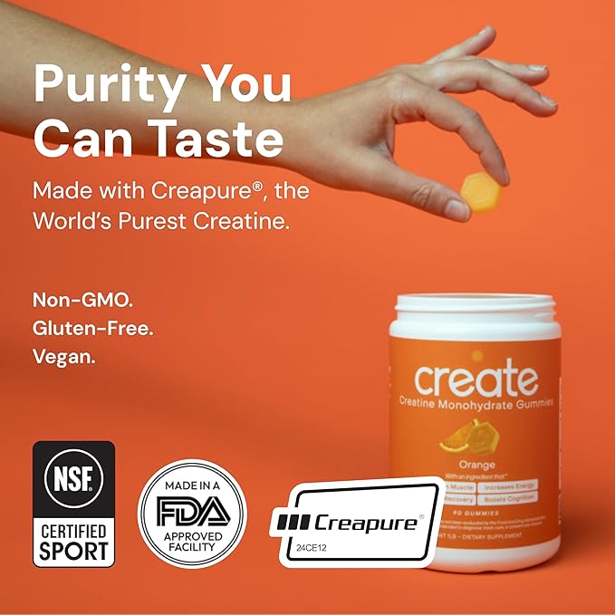 Create Creatine Monohydrate Gummies for Men &amp Women Boost Focus Strength and Endurance Anti-Melting Formula Vegan Gluten-Free Non-GMO 1.5g of Creatine per Gummy (Orange)