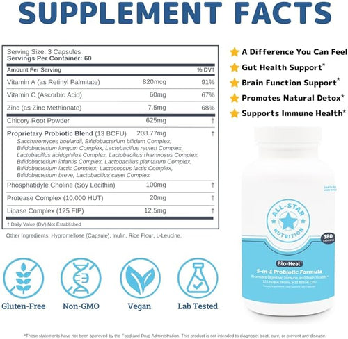 5-in-1 Bio-Heal® Probiotic Capsules for Kids Men &amp Women - Best Supplement for Brain Function Gut Health &amp Constipation - Shelf Stable &amp Fortified with Vitamins Minerals &amp Prebiotic