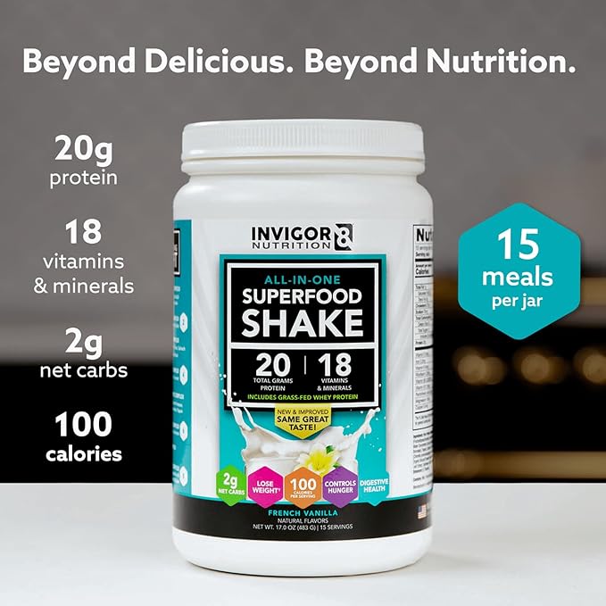 INVIGOR8 Superfood Grass Fed Whey Protein Isolate Shake French Vanilla Gluten-Free and Non GMO Meal Replacement with Probiotics and Omega 3 (483g)