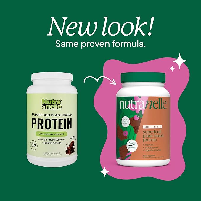 NUTRANELLE Chocolate Protein Powder - 25g Vegan Protein Powder with Greens - Unsweetened &amp Gluten Free Plant Based Protein - Gluten Free Nutrition Made in USA - Perfect for Smoothies Shakes &amp