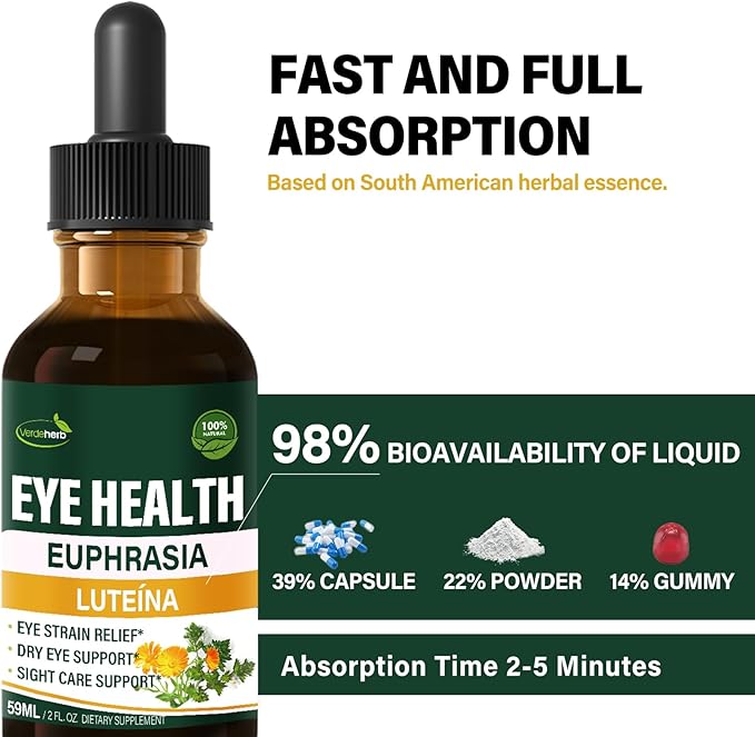 Eyebright Herb Eye Health Drops Bilberry &amp Lutein Liquid Extract Herbal Supplement for Eye Strain Relief &amp Sight Care Support. Euphrasia Officinalis Arándanos Luteína para Los Ojos. 2oz