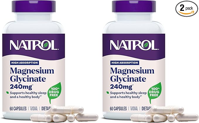 Natrol Magnesium Glycinate Supplements 240 mg - High Absorption - Calm Magnesium Glycinate for Sleep - 60 Capsules30 Day Supply(Pack of 2)