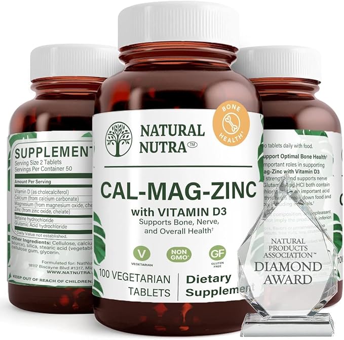 Natural Nutra Calcium Magnesium Zinc (Cal-Mag Zinc) Supplement with Vitamin D3 for Bone Strength Helps Improve Digestion Health Gluten Free and Sugar Free Essential Mineral Complex (100 Count)