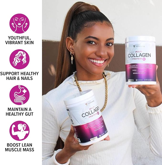 Multi Collagen Peptides Powder for Women - Hydrolyzed Flavored Collagen Powder for Women with Types I II III V &amp X Vitamin C &amp Hyaluronic Acid for Hair Skin and Nails (Strawberry) - 30 Serving