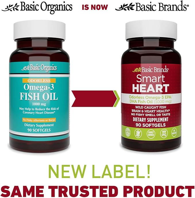Basic Brands Smart Heart Odorless Omega-3 Fish Oil 1000mg - Triple Strength EPA &amp DHA Non-GMO Heart &amp Cognitive Support - 90 Burpless Softgels - 2-Pack