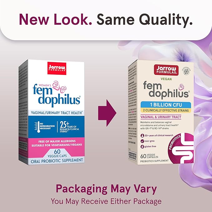 Jarrow Formulas Fem-Dophilus Probiotics 1 Billion CFU with 2 Science-Backed Strains Dietary Suppl for Vaginal and Urinary Tract Supp60 Veggie CapsUp to a 60 Day Supply Shelf-Stable12 Packs