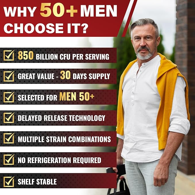 Probiotics for Men Potent 50+ Mens Probiotic Complete Gut &amp Digestive Health with 850 Billion CFU 1900mg Prebiotic Fiber Energize Immune Mens Probiotics for Gut Health Over 50-90 Capsule