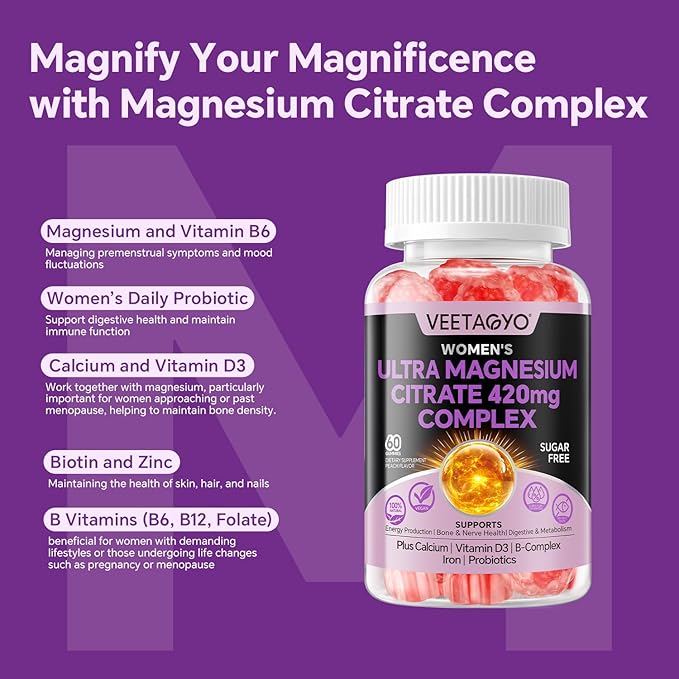 Magnesium Citrate Gummies 420mg for Adult - Dual Layer - w/10 Billion CFU - 5 Strains Probiotics &amp Calcium D3 Biotin Iron B6 B12 Folate Support for Bone Nerve Relaxation Muscle - Vegan 6