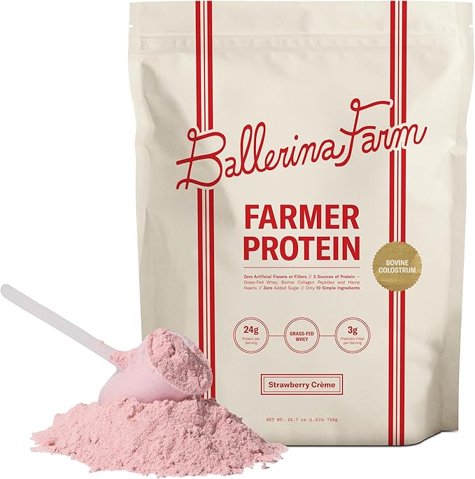 Ballerina Farm Grass Fed Whey Protein Powder Strawberry Crème 24g Protein with Collagen Peptides Bovine Colostrum Hemp Hearts Prebiotic Fiber No Added Sugar or Artificial Ingredients 20 Servings