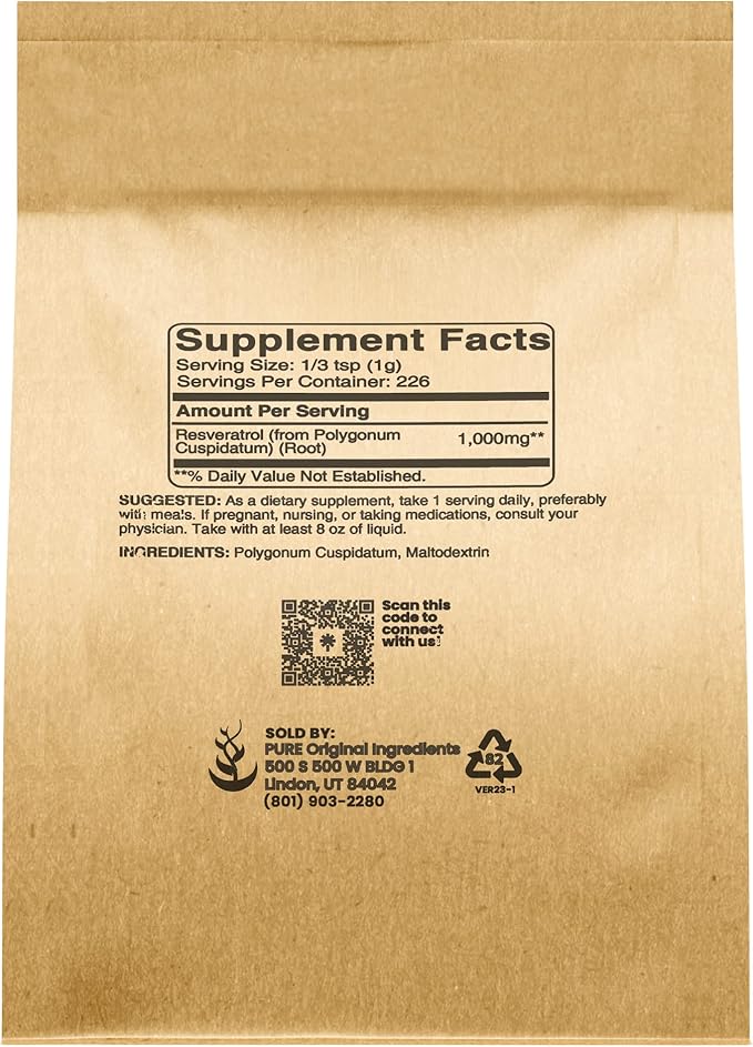 PURE ORIGINAL INGREDIENTS Resveratrol Powder 8 oz Phytoalexin Polygonum Root Extract
