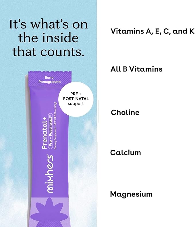 MIXHERS Prenatal + Pre + Postnatal Vitamins Drink Mix | Formulated with Vitamin A C D E &amp K | Berry Pomegranate Flavor | 15 Stick Packets | 1 Pack
