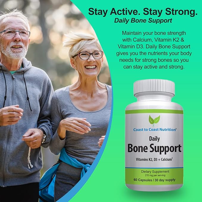 Daily Bone Support: Calcium Supplement with Vitamin D3 K2 - Supplement for Bones – Ideal for Older Adults Postmenopausal Women Athletes - 60 Vegetarian Capsules