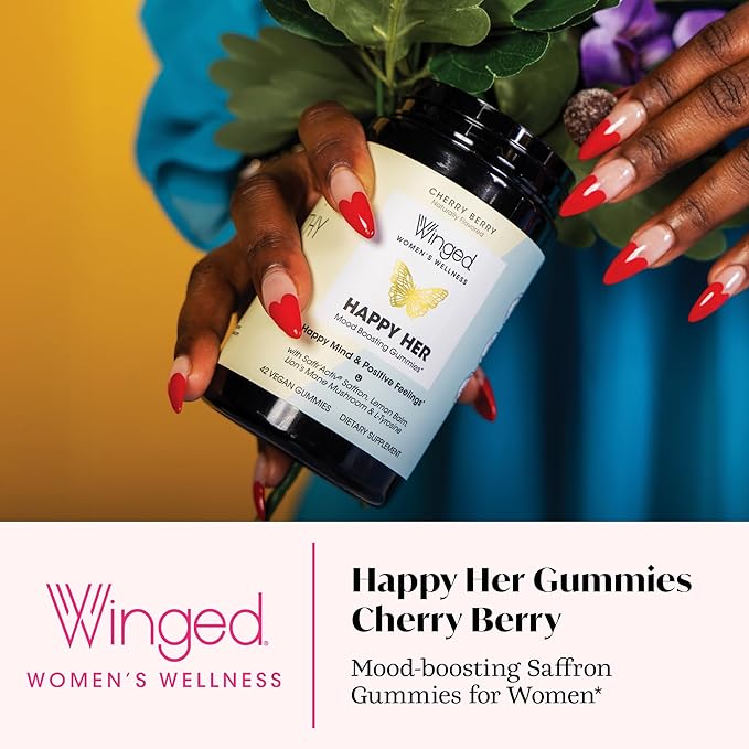 Winged Wellness Happy Her Mood Gummies - Daily Mood Enhancer Support Supplement for Women - Vitamin D with Saffron Lemon Balm &amp Lions Mane Mushrooms for Balance &amp Calming Relief - 50 Vegan G