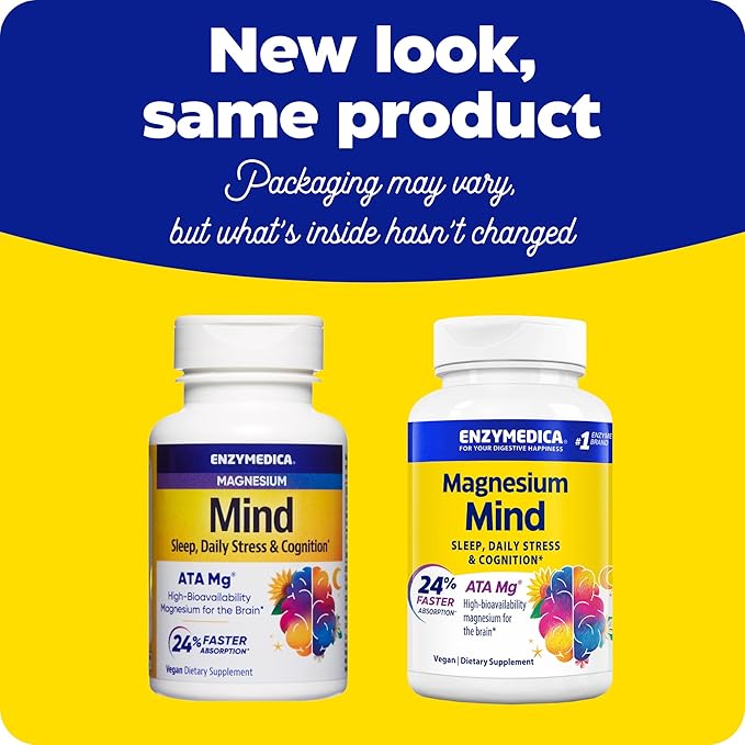 Enzymedica Magnesium Mind with ATA Mg 24% Faster Absorption High-Bioavailability Magnesium for Sleep Stress &amp Cognition 120 Count