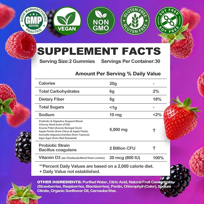 Prebiotic Fiber Gummies 5g Fiber per Serving 2 Billion CFU Bacillus Coagulans + Vitamin D3 Sugar Free Pectin Mixed Berry Gummies Inulin (FOS) + Acacia + Apple Pectin 120 Gummies (60 Servings)