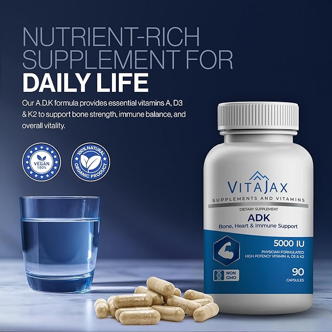 ADK - Vitamin ADK Supplement 180 Capsules - High Potency Vitamin A D3(5000 IU) K2 as MK-7 for Bone Heart &amp Calcium Absorption – Non-GMO Gluten Free (6 Month Supply) 2 Pack