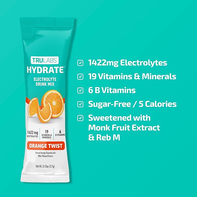 TRULABS Hydrate - Orange Twist. Sugar Free Electrolytes Hydration Packets. Each Serving Contains 1422 mg of Electrolytes &amp19 Vitamins &amp Minerals (16 ct)