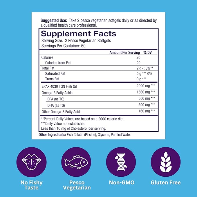 Paradise Herbs Omega-Sure Omega-3 Concentrate Premium Fish Oil DHA EPA Vegan Non GMO Gluten Free 120 Count Vegetarian Softgels