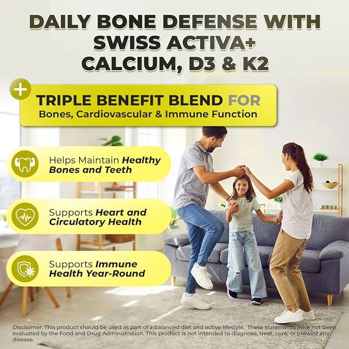 Swiss Activa+ Labs Calcium with Vitamin D3 &amp K2 – Vegan Non-GMO Bone &amp Teeth Support Supplement – Immune &amp Muscle Function – Heart Health D3 K2 Vitamins for Men &amp Women Gluten–60 Day