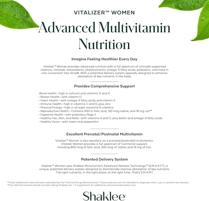 Shaklee -Vitalizer Women - Advanced Nutrition - Prenatal/Postnatal Multivitamin with Omega-3 Probiotics and More - Supports Heart Joint Immune Bone Digestive and Energy - 30 Vita-Strips®