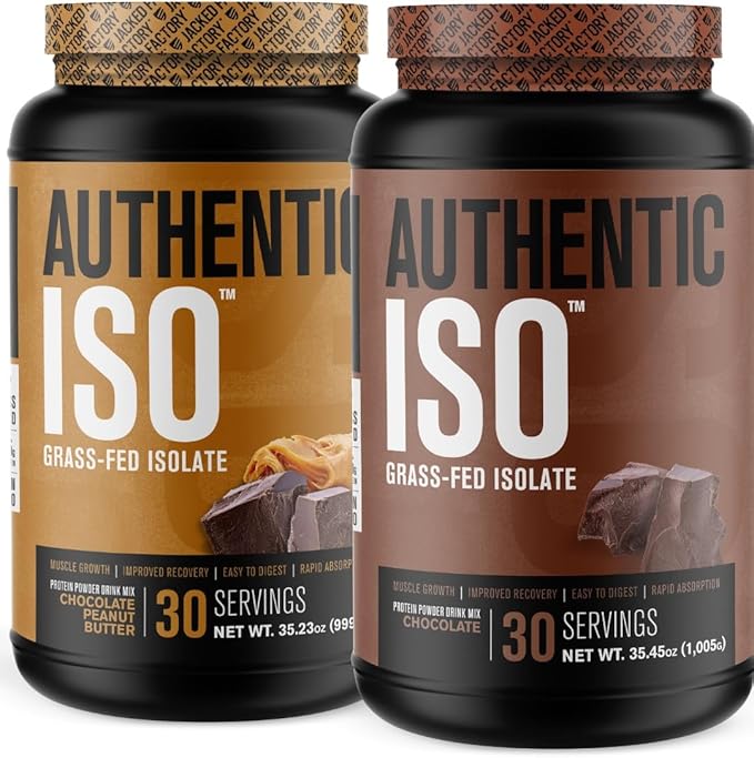 Jacked Factory Authentic ISO Grass Fed Whey Protein Isolate Powder - Low Carb Non-GMO Muscle Building Protein w/No Fillers (Chocolate Peanut Butter 30sv) &amp (Chocolate 30sv)