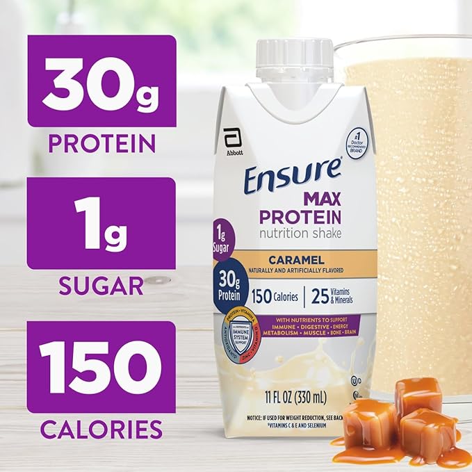 Ensure Max Protein Shake | Caramel | Ready to Drink | 30g Protein for Muscle Health | 1g Sugar 4g Fiber | 11 fl oz 12 Pack