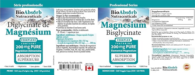 Bio Absorb Magnesium Glycinate/Bisglycinate Supplement. 200mg of Chelated Elemental Magnesium. 260 Vegan Capsules (260-Day Supply)