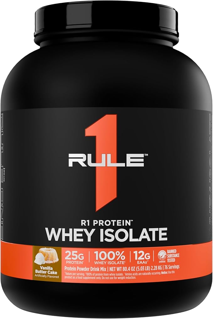Rule 1 R1 Protein Whey Isolate - with 25g Protein &amp 6g BCAA Exclusively from Isolated &amp Hydrolyzed Sources for Workout Recovery (5 Pounds* Vanilla Butter Cake)